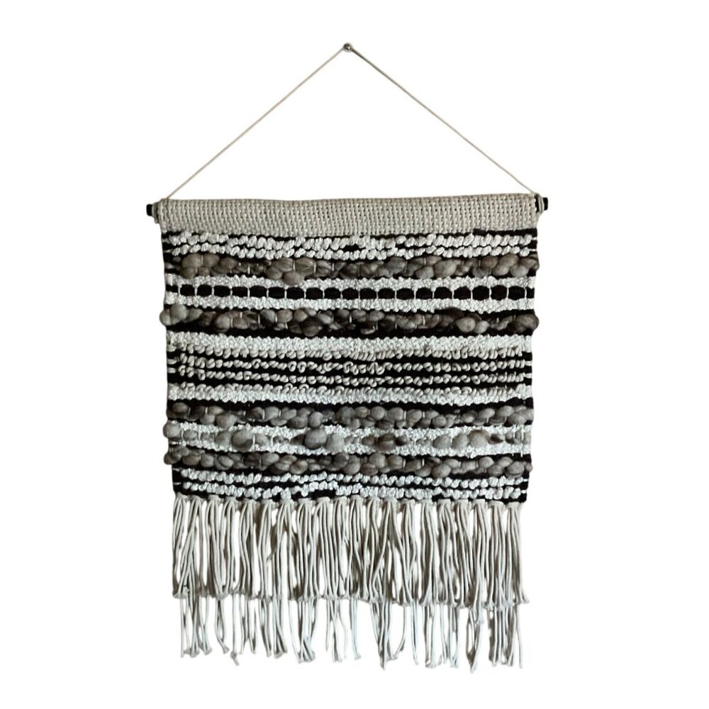 Boho Macrame Wall Hanging with Natural Pebble Stone Fringe Decor